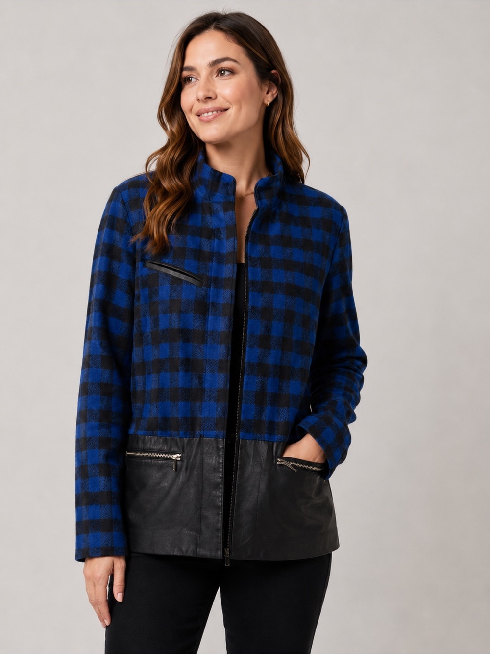 Zara Trafaluc Blue & Black Buffalo Plaid Faux Leather Trim Jacket – Small